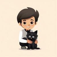 juguetón niño con gato en plano minimalista animación ai generado foto