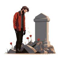 Man Near Tombstone Grave in Flat Minimalist Style AI Generated photo