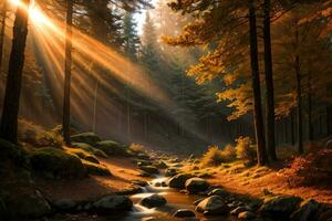 Photo of the autumn mountain forest, forest river, mossy stones, sun rays wallpaper