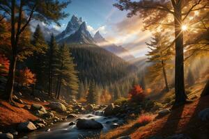 Photo of the autumn mountain forest, forest river, mossy stones, sun rays wallpaper