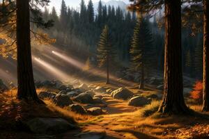 Photo of the autumn mountain forest, forest river, mossy stones, sun rays wallpaper