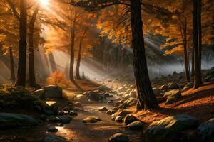 foto de el otoño montaña bosque, bosque río, cubierto de musgo piedras, Dom rayos fondo de pantalla