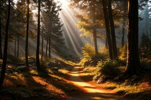 Photo of the autumn mountain forest, forest river, mossy stones, sun rays wallpaper