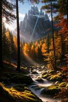 Photo of the autumn mountain forest, forest river, mossy stones, sun rays