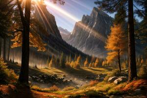 Photo of the autumn mountain forest, forest river, mossy stones, sun rays wallpaper