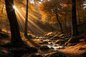 Photo of the autumn mountain forest, forest river, mossy stones, sun rays wallpaper