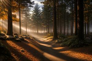 Photo of the autumn mountain forest, forest river, mossy stones, sun rays wallpaper