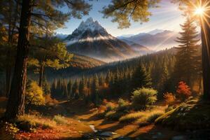 Photo of the autumn mountain forest, forest river, mossy stones, sun rays wallpaper