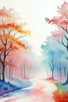 Watercolor Autumn Forest Illustration Background Wallpaper photo