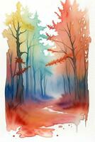 Watercolor Autumn Forest Illustration Background Wallpaper photo