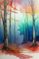 Watercolor Autumn Forest Illustration Background Wallpaper photo