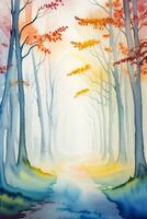 Watercolor Autumn Forest Illustration Background Wallpaper photo