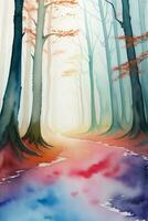 Watercolor Autumn Forest Illustration Background Wallpaper photo