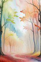 Watercolor Autumn Forest Illustration Background Wallpaper photo