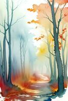 Watercolor Autumn Forest Illustration Background Wallpaper photo