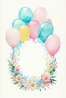 Watercolor Wedding or Birthday Greetings Card Background with Ballons and Flowers photo