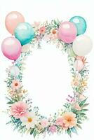 Watercolor Wedding or Birthday Greetings Card Background with Ballons and Flowers photo