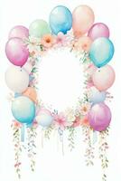 Watercolor Wedding or Birthday Greetings Card Background with Ballons and Flowers photo