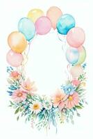 Watercolor Wedding or Birthday Greetings Card Background with Ballons and Flowers photo