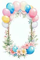 Watercolor Wedding or Birthday Greetings Card Background with Ballons and Flowers photo