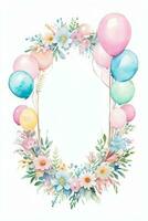 Watercolor Wedding or Birthday Greetings Card Background with Ballons and Flowers photo