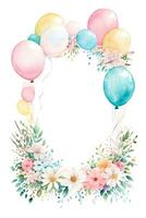 Watercolor Wedding or Birthday Greetings Card Background with Ballons and Flowers photo
