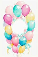 Watercolor Wedding or Birthday Greetings Card Background with Ballons and Flowers photo