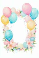 Watercolor Wedding or Birthday Greetings Card Background with Ballons and Flowers photo