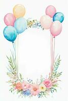 Watercolor Wedding or Birthday Greetings Card Background with Ballons and Flowers photo