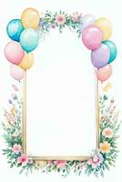 Watercolor Wedding or Birthday Greetings Card Background with Ballons and Flowers photo