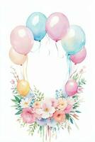 Watercolor Wedding or Birthday Greetings Card Background with Ballons and Flowers photo