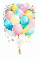 Watercolor Wedding or Birthday Greetings Card Background with Ballons and Flowers photo