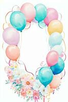 Watercolor Wedding or Birthday Greetings Card Background with Ballons and Flowers photo