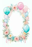 Watercolor Wedding or Birthday Greetings Card Background with Ballons and Flowers photo