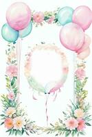 Watercolor Wedding or Birthday Greetings Card Background with Ballons and Flowers photo