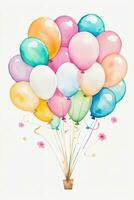 Watercolor Wedding or Birthday Greetings Card Background with Ballons and Flowers photo