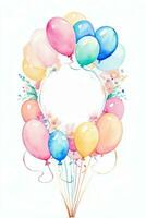 Watercolor Wedding or Birthday Greetings Card Background with Ballons and Flowers photo