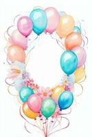 Watercolor Wedding or Birthday Greetings Card Background with Ballons and Flowers photo