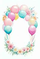 Watercolor Wedding or Birthday Greetings Card Background with Ballons and Flowers photo