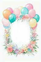 Watercolor Wedding or Birthday Greetings Card Background with Ballons and Flowers photo