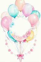 Watercolor Wedding or Birthday Greetings Card Background with Ballons and Flowers photo