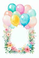 Watercolor Wedding or Birthday Greetings Card Background with Ballons and Flowers photo