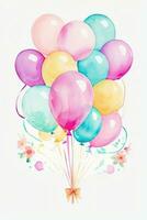 Watercolor Wedding or Birthday Greetings Card Background with Ballons and Flowers photo