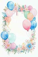 Watercolor Wedding or Birthday Greetings Card Background with Ballons and Flowers photo