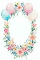 Watercolor Wedding or Birthday Greetings Card Background with Ballons and Flowers photo