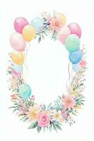 Watercolor Wedding or Birthday Greetings Card Background with Ballons and Flowers photo