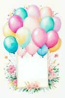 Watercolor Wedding or Birthday Greetings Card Background with Ballons and Flowers photo