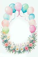 Watercolor Wedding or Birthday Greetings Card Background with Ballons and Flowers photo