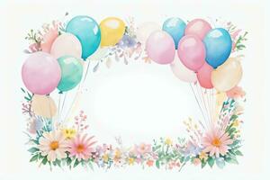 Watercolor Wedding or Birthday Greetings Card Background with Ballons and Flowers photo