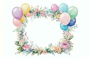 Watercolor Wedding or Birthday Greetings Card Background with Ballons and Flowers photo